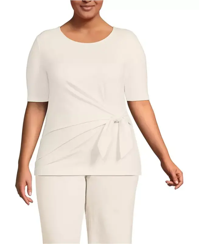 Women's Plus Size Lightweight Jersey Tie Front Top-Fresh ivory - LANDS' END