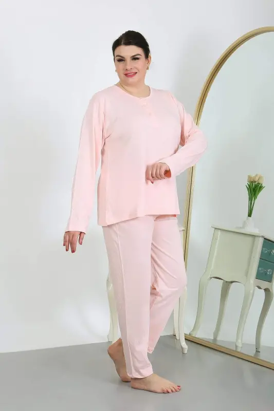 Women's Plus Size Long Sleeve Cotton Jersey Pajama Set Pink 202501 - 3