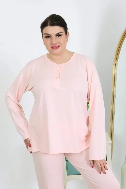 Women's Plus Size Long Sleeve Cotton Jersey Pajama Set Pink 202501 - 7