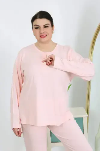 Women's Plus Size Long Sleeve Cotton Jersey Pajama Set Pink 202501 - BÜYÜKBEDENIZ (1)