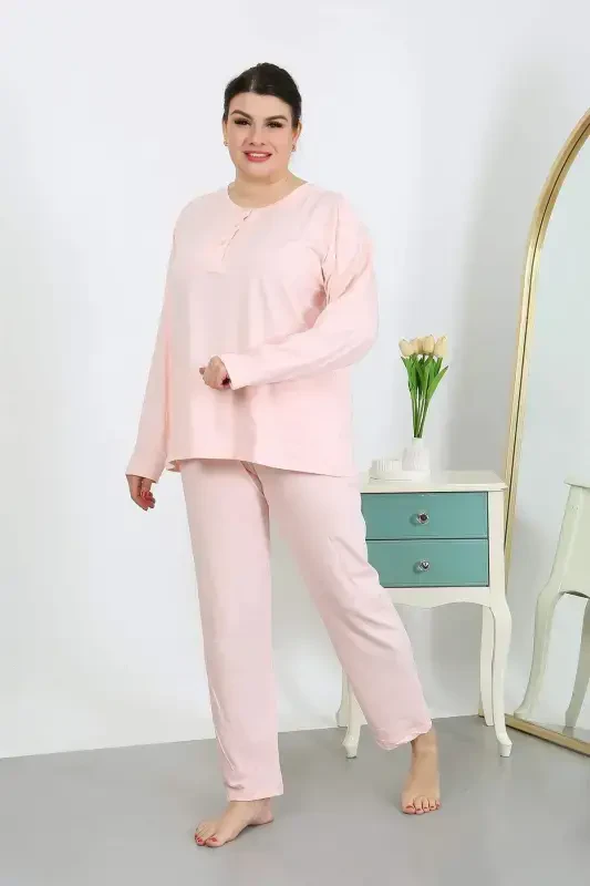 Women's Plus Size Long Sleeve Cotton Jersey Pajama Set Pink 202501 - 5