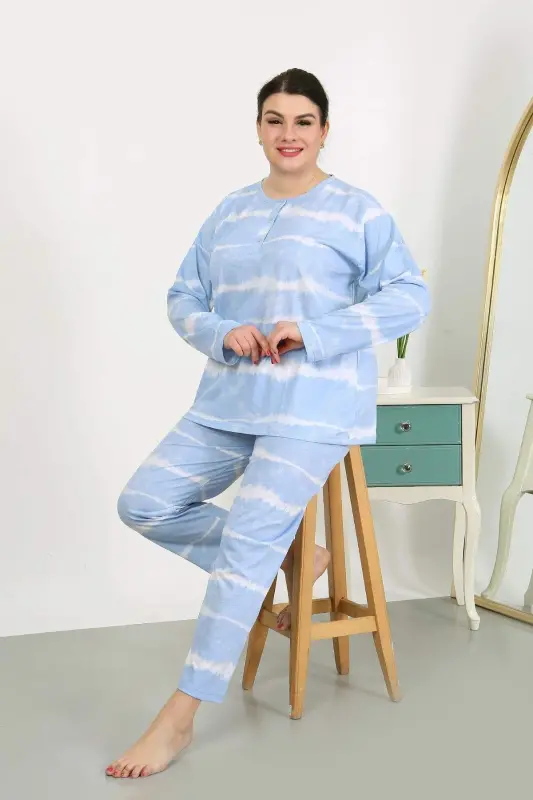 Women's Plus Size Long Sleeve Jersey Pajama Set Blue 202502 - 4