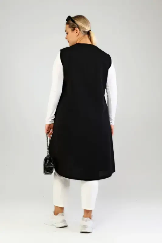 Women's Plus Size Long Sleeveless Zippered Vest Black - 7