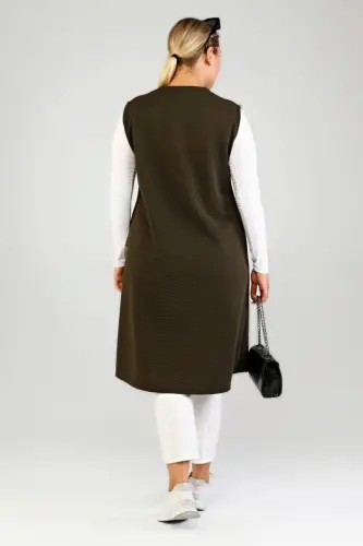 Women's Plus Size Loose Fit Modest Long Sleeveless Zippered Vest Khaki 