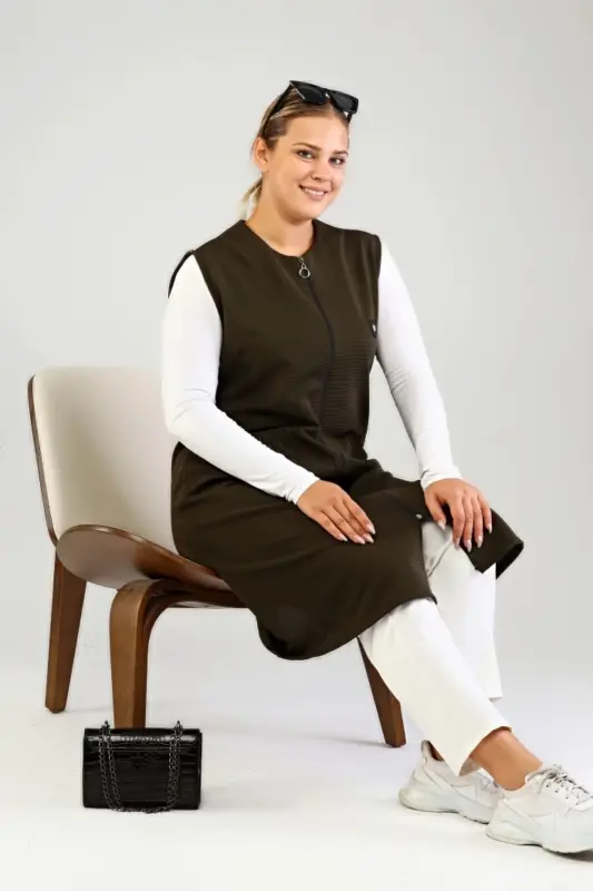 Women's Plus Size Loose Fit Modest Long Sleeveless Zippered Vest Khaki - 2