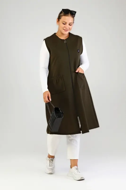 Women's Plus Size Loose Fit Modest Long Sleeveless Zippered Vest Khaki - 3