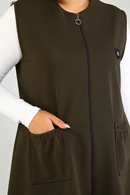 Women's Plus Size Loose Fit Modest Long Sleeveless Zippered Vest Khaki - 5