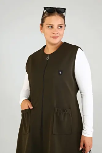 Women's Plus Size Loose Fit Modest Long Sleeveless Zippered Vest Khaki - 6