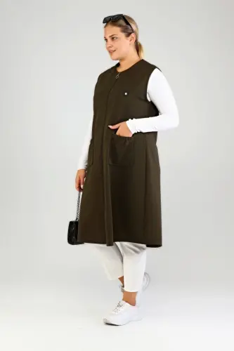 Women's Plus Size Loose Fit Modest Long Sleeveless Zippered Vest Khaki - 7
