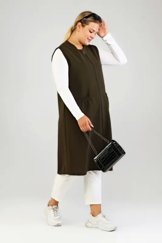 Women's Plus Size Loose Fit Modest Long Sleeveless Zippered Vest Khaki - 8