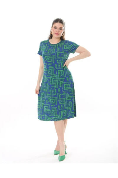 Women's Plus Size Midi Dress with Crew Neck and Patterned Short Sleeves 24133 - Modazone
