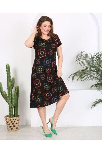 Women's Plus Size Midi Dress with Crew Neck and Patterned Short Sleeves 24133 - BUTIK NILYAM