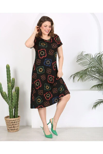 Women's Plus Size Midi Dress with Crew Neck and Patterned Short Sleeves 24133 - 1