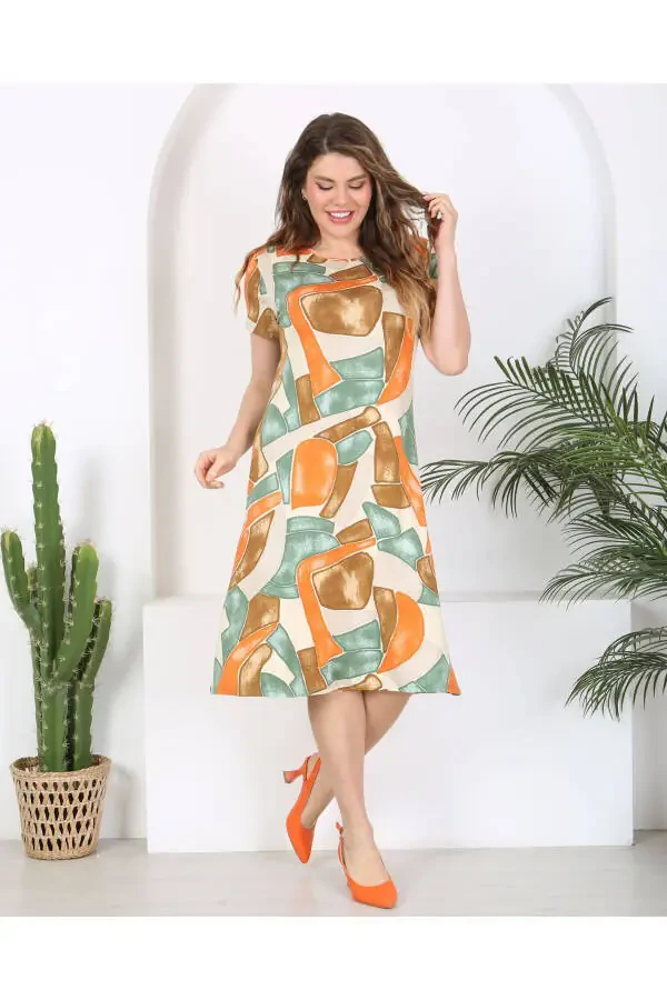 Women's Plus Size Midi Length Crew Neck Printed Short Sleeve Dress 24133 - 2