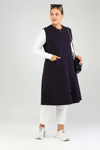 Women's Plus Size Modest Sleeveless Zippered Vest Navy Blue-Navy Blue - 1