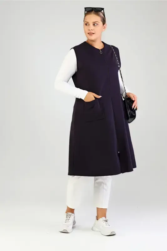 Women's Plus Size Modest Sleeveless Zippered Vest Navy Blue-Navy Blue - 1