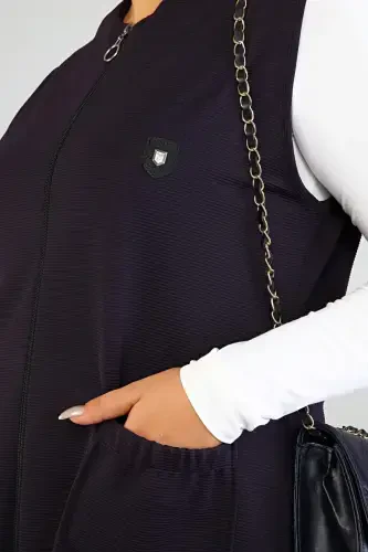 Women's Plus Size Modest Sleeveless Zippered Vest Navy Blue-Navy Blue - 3