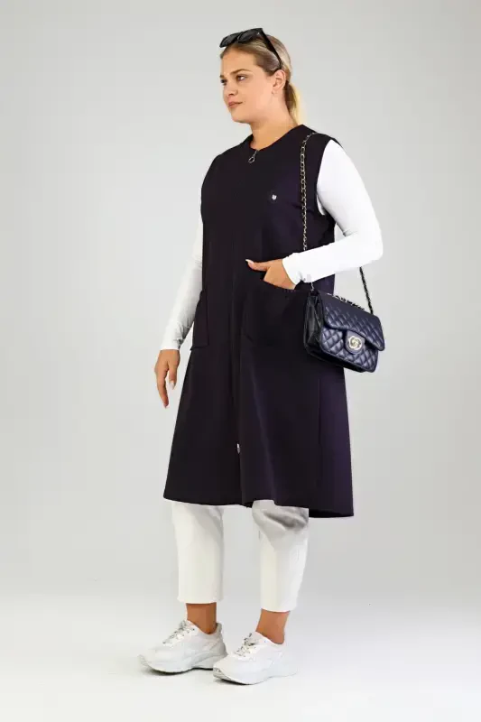 Women's Plus Size Modest Sleeveless Zippered Vest Navy Blue-Navy Blue - 6