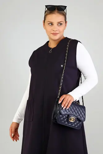 Women's Plus Size Modest Sleeveless Zippered Vest Navy Blue-Navy Blue - 4