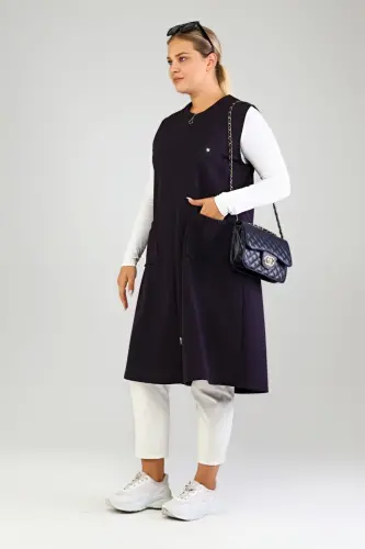 Women's Plus Size Modest Sleeveless Zippered Vest Navy Blue-Navy Blue - 6