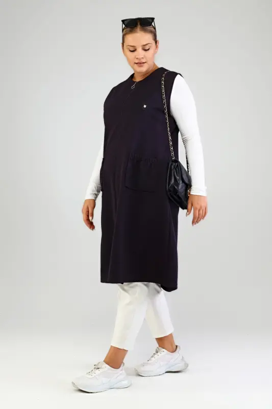 Women's Plus Size Modest Sleeveless Zippered Vest Navy Blue-Navy Blue - 7