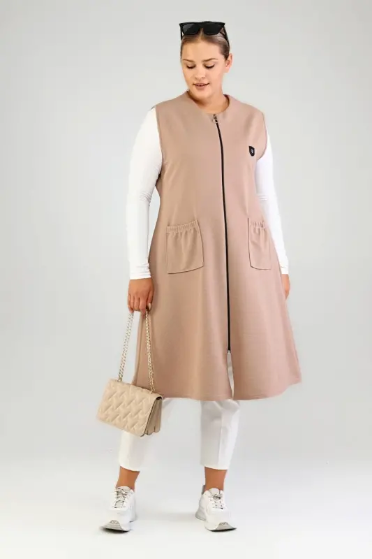 Women's Plus Size Oversize Modest Long Sleeveless Zippered Vest Mink-Mink - FERACE