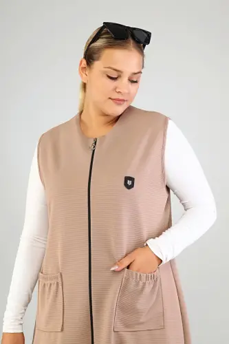 Women's Plus Size Oversize Modest Long Sleeveless Zippered Vest Mink-Mink - 4