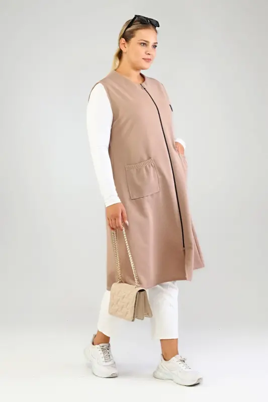 Women's Plus Size Oversize Modest Long Sleeveless Zippered Vest Mink-Mink - 5