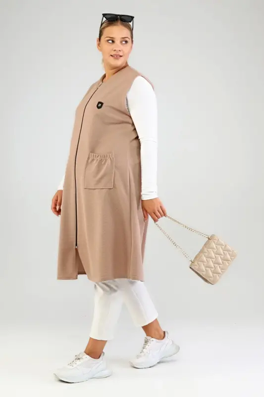 Women's Plus Size Oversize Modest Long Sleeveless Zippered Vest Mink-Mink - 6