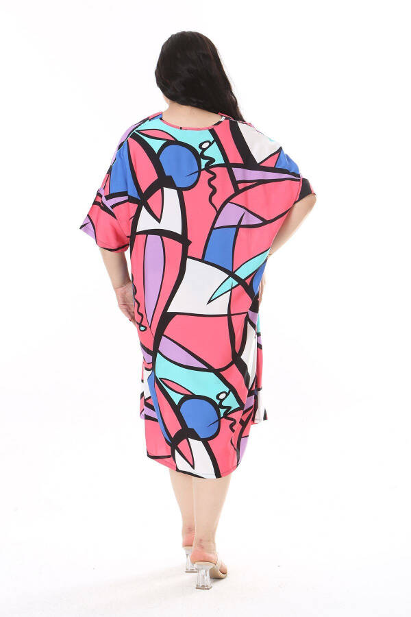 Women's Plus Size Pink Woven Viscose Fabric V-Neck Colorful Dress 65N38172 - 4