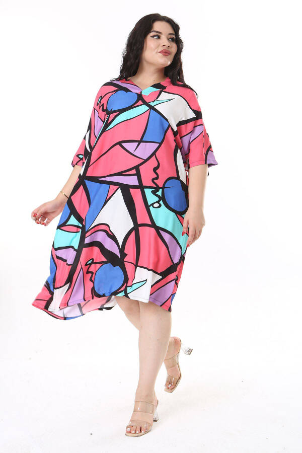 Women's Plus Size Pink Woven Viscose Fabric V-Neck Colorful Dress 65N38172 - 6