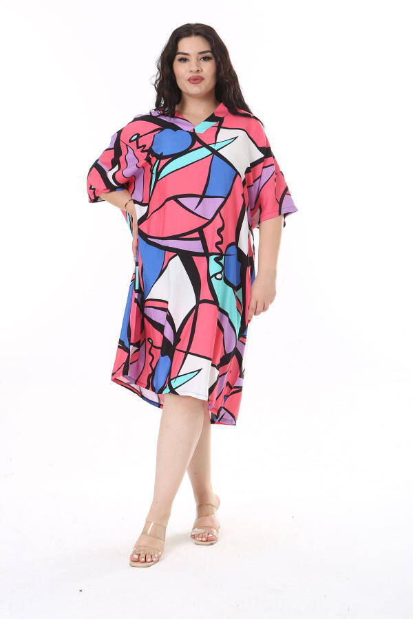 Women's Plus Size Pink Woven Viscose Fabric V-Neck Colorful Dress 65N38172 - 7