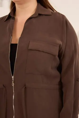 Women's Plus Size Pleated Sleeve Jacket with Waist Tie Detail Brown - BÜYÜKBEDENIZ (1)