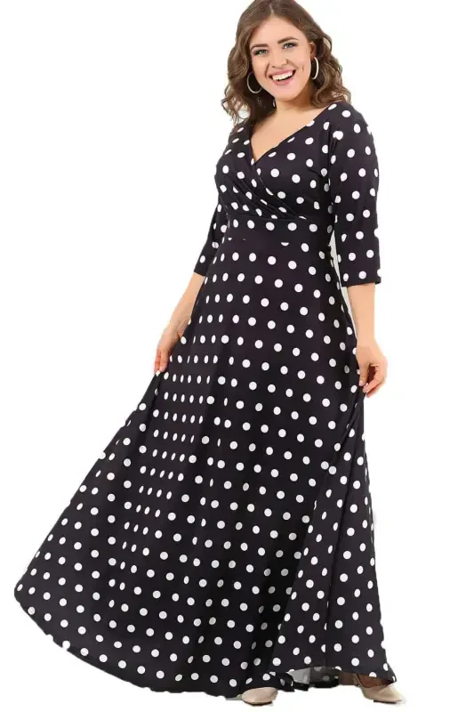 Women's Plus Size Polka Dot Spandex Plus Size Maxi Dress KL2404 - BÜYÜKBEDENIZ
