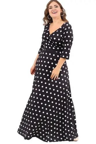 Women's Plus Size Polka Dot Spandex Plus Size Maxi Dress KL2404 - BÜYÜKBEDENIZ (1)