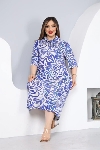 Women's Plus Size Printed Viscose Shirt Dress - PALSİS (1)