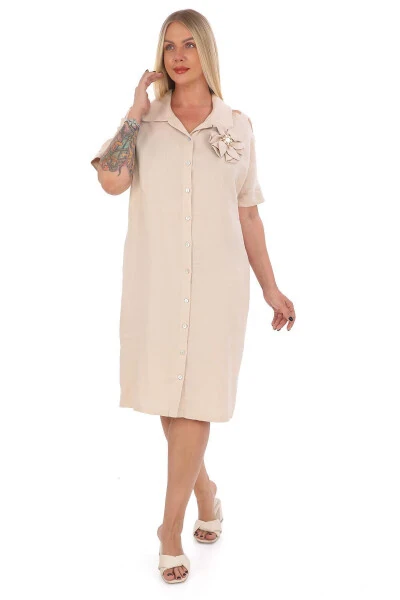 Women's Plus Size Shirt Collar 100% Linen Dress Beige - Modazone