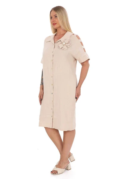 Women's Plus Size Shirt Collar 100% Linen Dress Beige - Modazone (1)