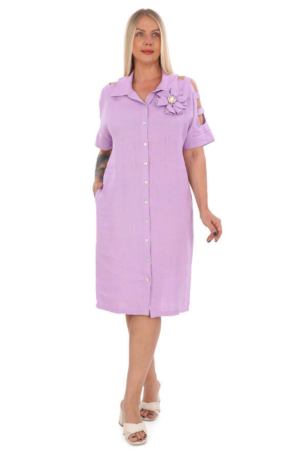 Women's Plus Size Shirt Collar 100% Linen Dress Lilac - 1