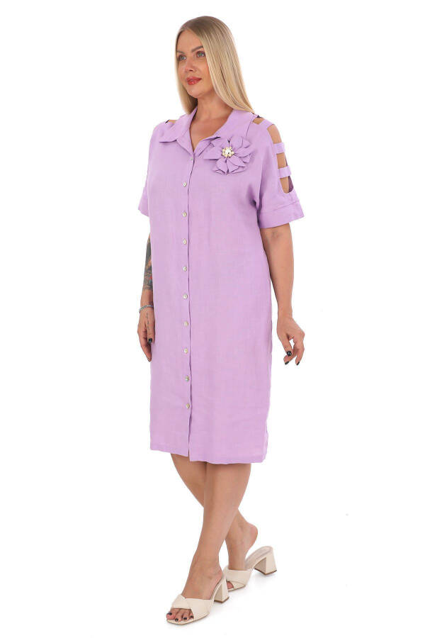 Women's Plus Size Shirt Collar 100% Linen Dress Lilac - 2