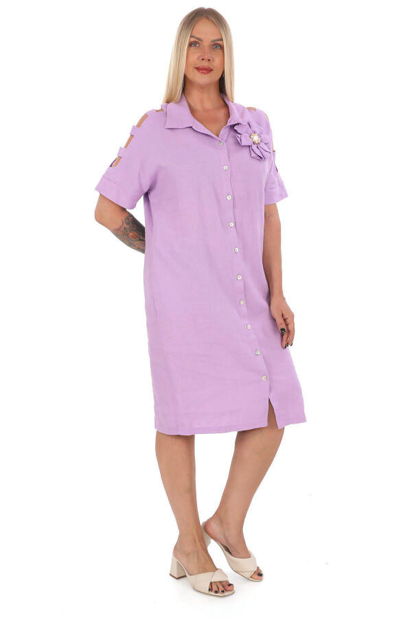 Women's Plus Size Shirt Collar 100% Linen Dress Lilac - 3