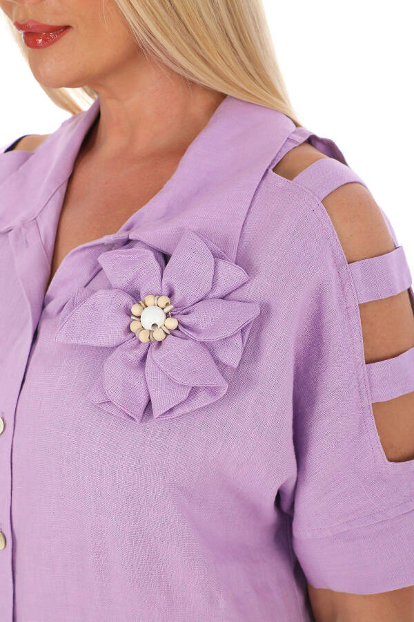 Women's Plus Size Shirt Collar 100% Linen Dress Lilac - 6