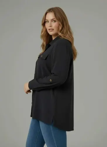 Women's Plus Size Shirt with Pocket Detail Black - BÜYÜKBEDENIZ (1)