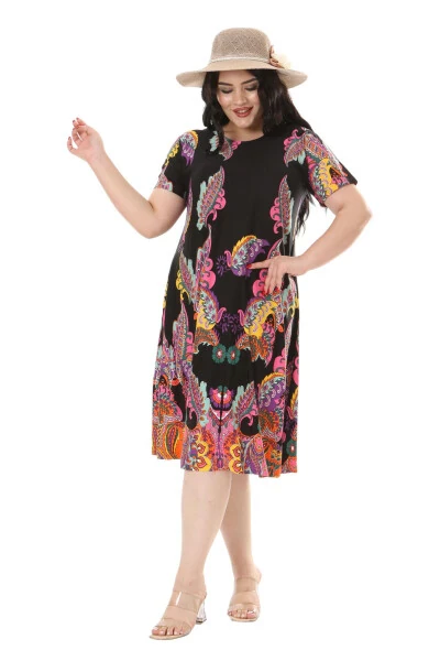 Women's Plus Size Short Sleeve Black Shawl Pattern Midi Dress - MELSAY