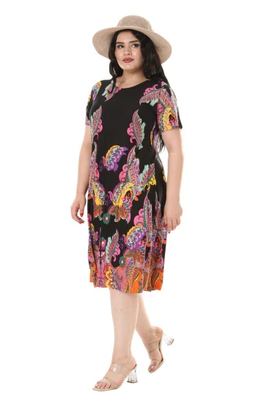 Women's Plus Size Short Sleeve Black Shawl Pattern Midi Dress - MELSAY (1)
