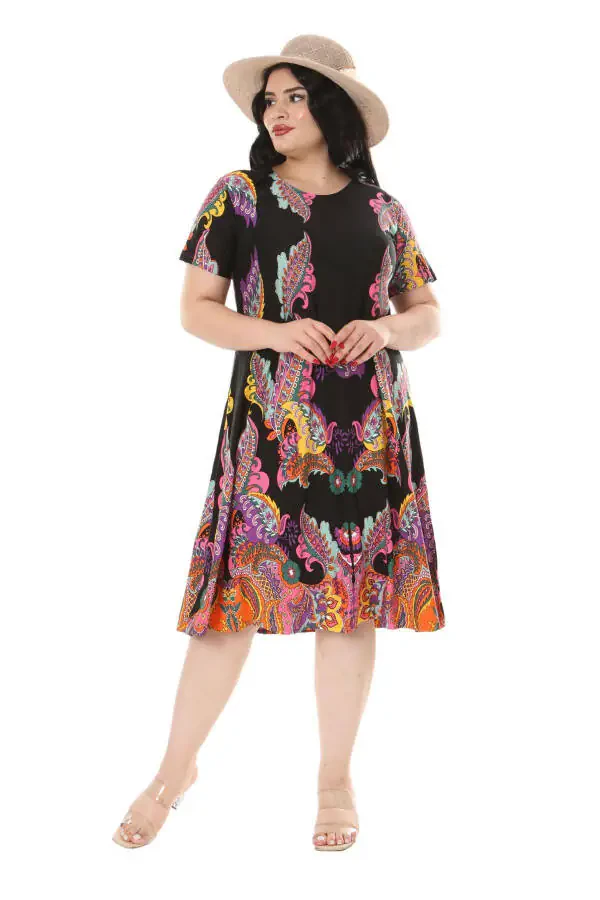 Women's Plus Size Short Sleeve Black Shawl Pattern Midi Dress - 3