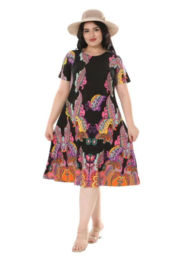 Women's Plus Size Short Sleeve Black Shawl Pattern Midi Dress - 4