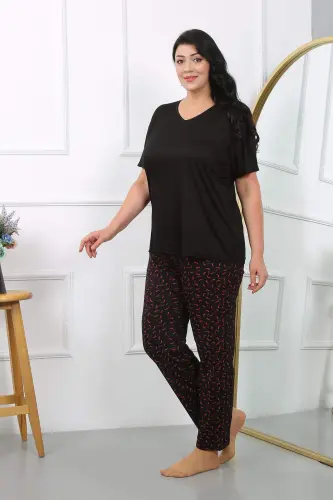 Women's Plus Size Short Sleeve Cotton Pajama Set Black 202406 - BÜYÜKBEDENIZ (1)