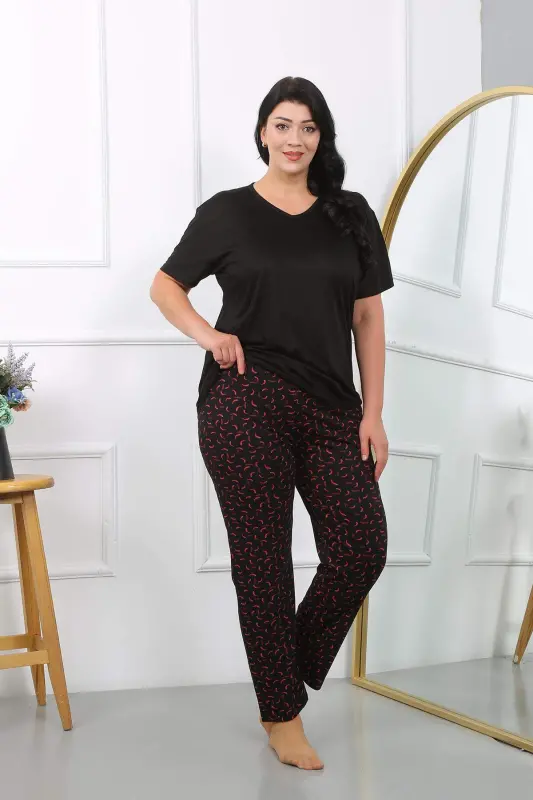 Women's Plus Size Short Sleeve Cotton Pajama Set Black 202406 - 4