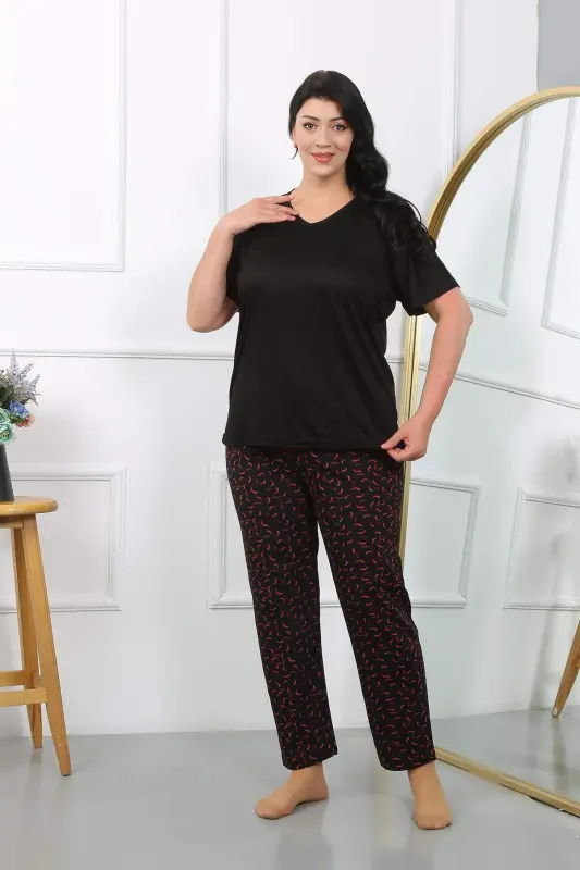Women's Plus Size Short Sleeve Cotton Pajama Set Black 202406 - 5